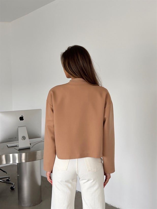 Yaka Ribana Cıt Cıt Detay Ceket Vizon - Vizon