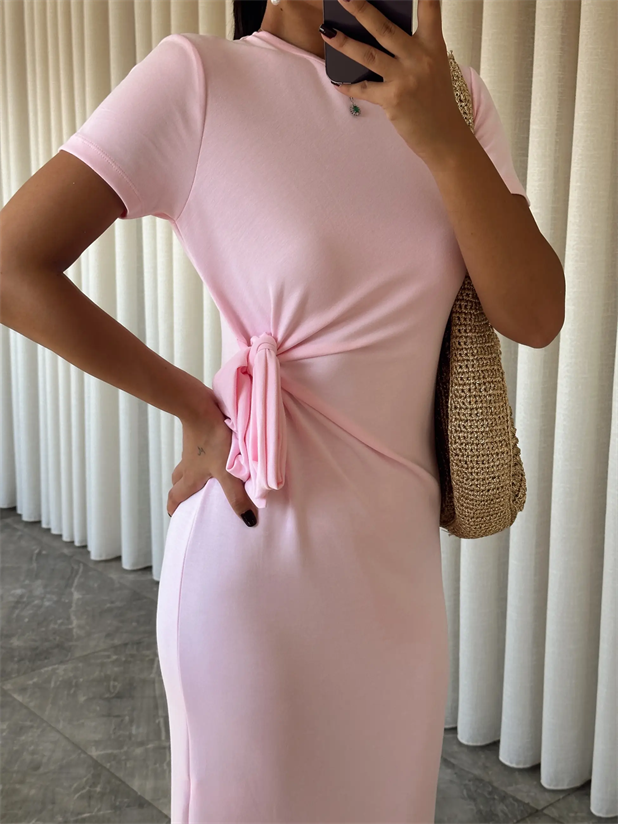 Bağlamalı Modal  Kumaş Elbise - Pembe