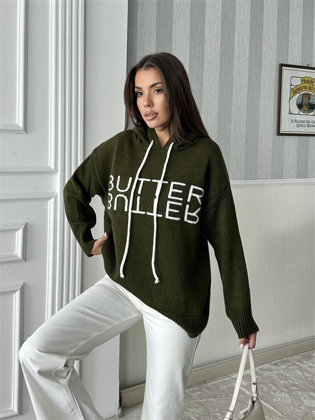 Kapüşonlu Butter Triko Kazak - Haki