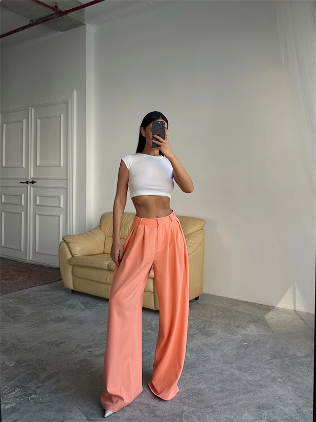 Yandan Katlama Düğme Detay Palazzo - Yavruağzı