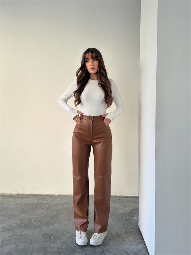 Cepli Suni Deri Pantolon - Taba