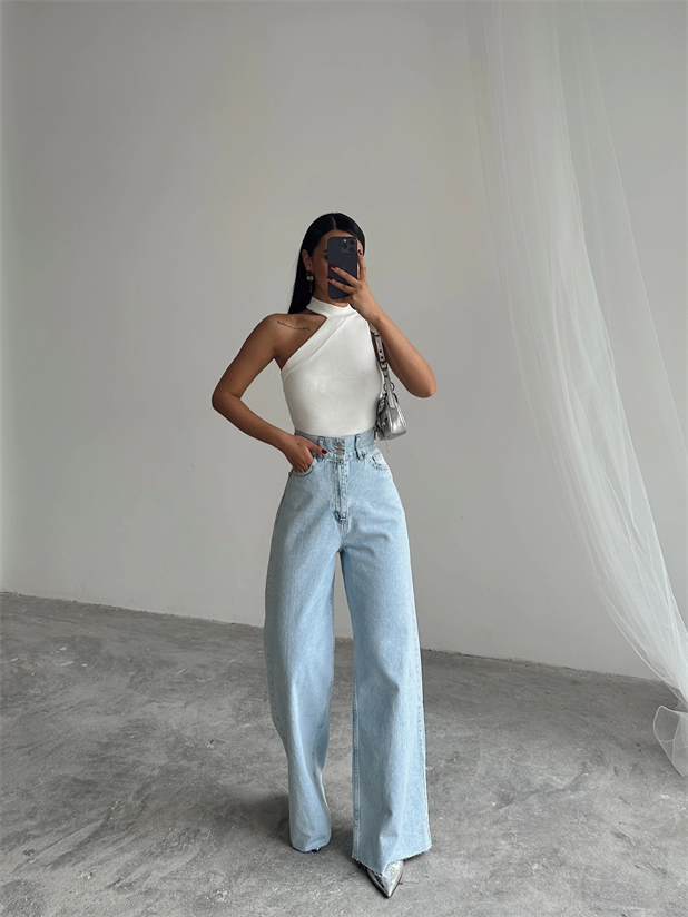 Geniş Kemerli Baggy Jean  - Buz Mavi