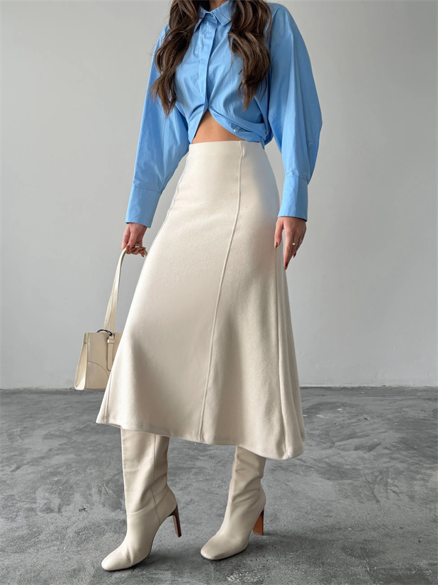 Yanları Çımalı Midi Etek - Ekru