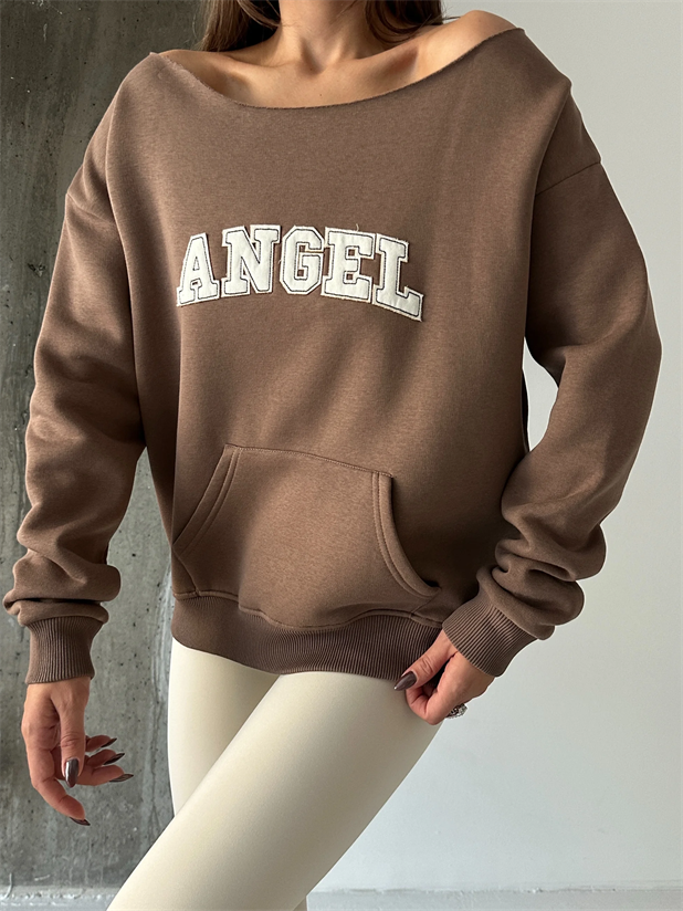 Angel Nakışlı Kayık Yaka Sweat - Kahve