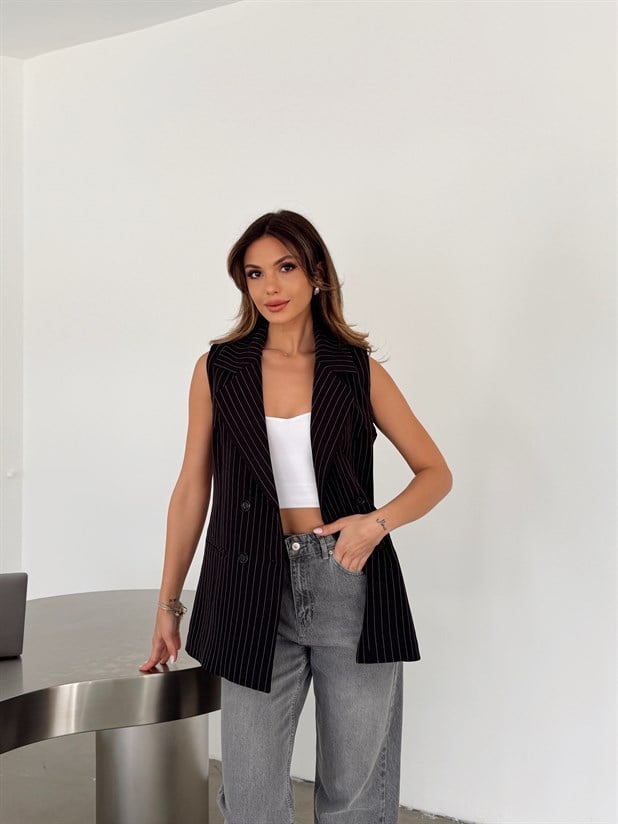 Ceket Yaka Line Yelek - Siyah