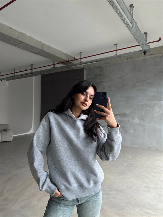 Kapüşonlu Sweatshırt Gri Melanj - Gri