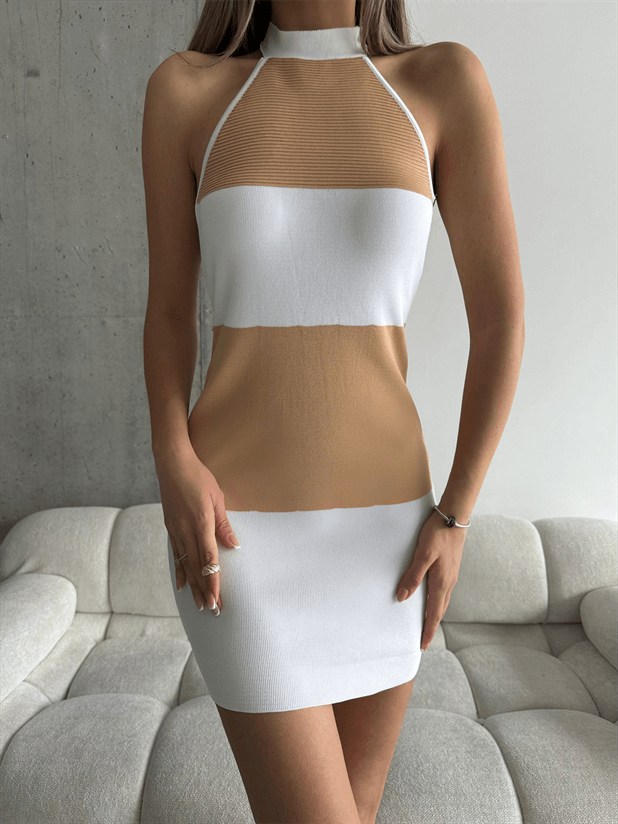 Boyun Bağlama Line Triko Elbise Beyaz-Vizon - Beyaz-Vizon