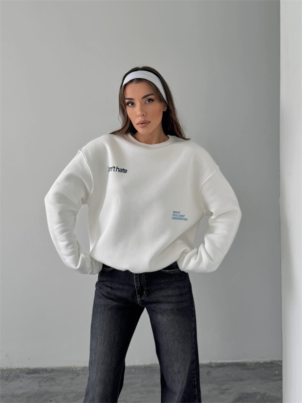 Bisiklet Yaka Baskılı Sweat - Beyaz
