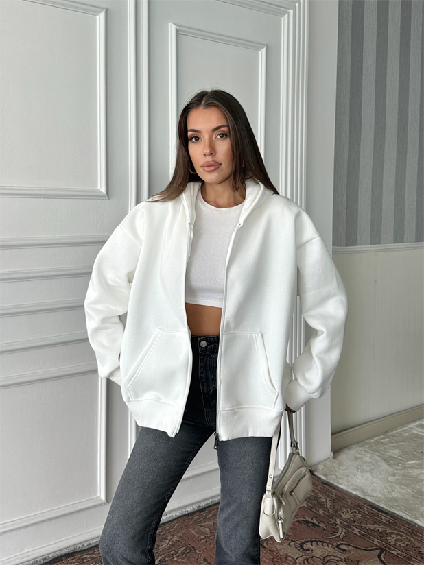 Fermuarlı Cepli Sweat - Beyaz