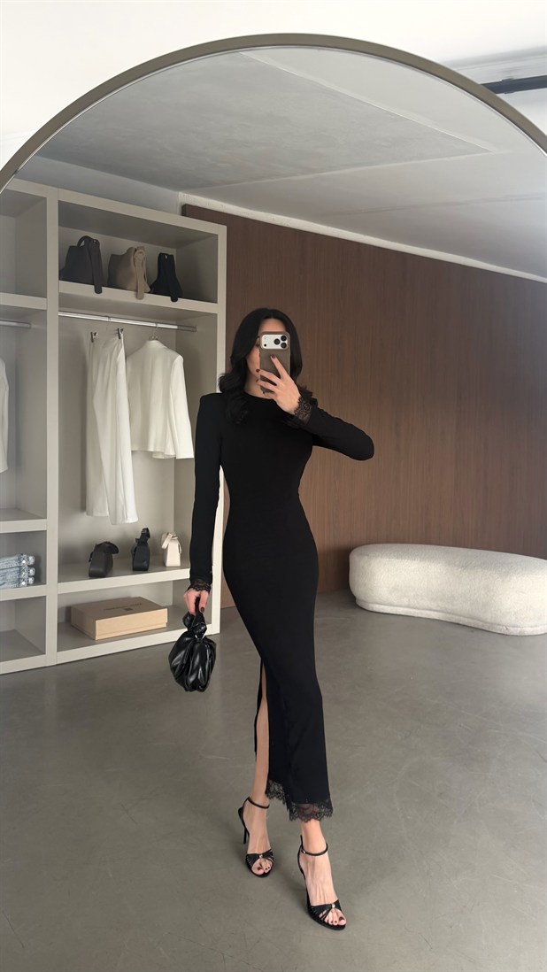 Dantel Detaylı Maxi Elbise - Siyah