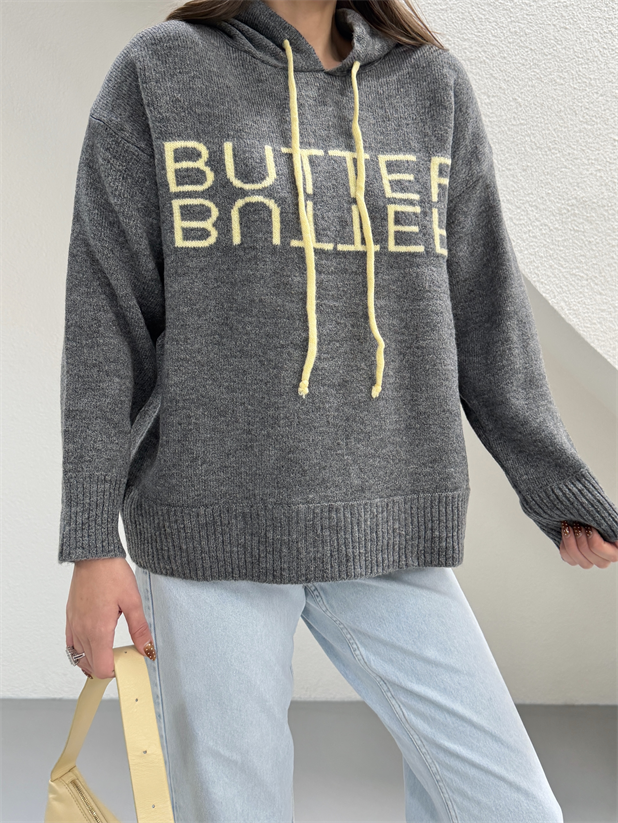 Kapüşonlu Butter Triko Kazak - Füme