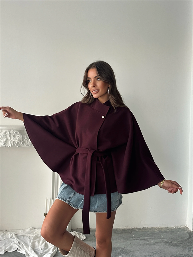 Kaşe Kuşaklı Pelerin Kaban - Bordo