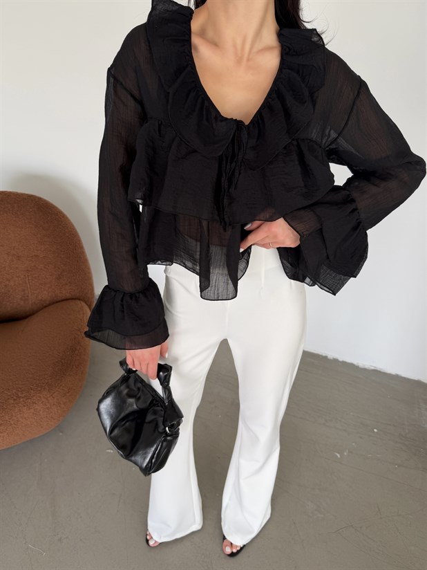 Fırfır Detaylı Bluz - Siyah