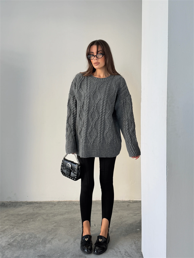 Saç Örgü Desenli Yıkamalı Triko - Antrasit