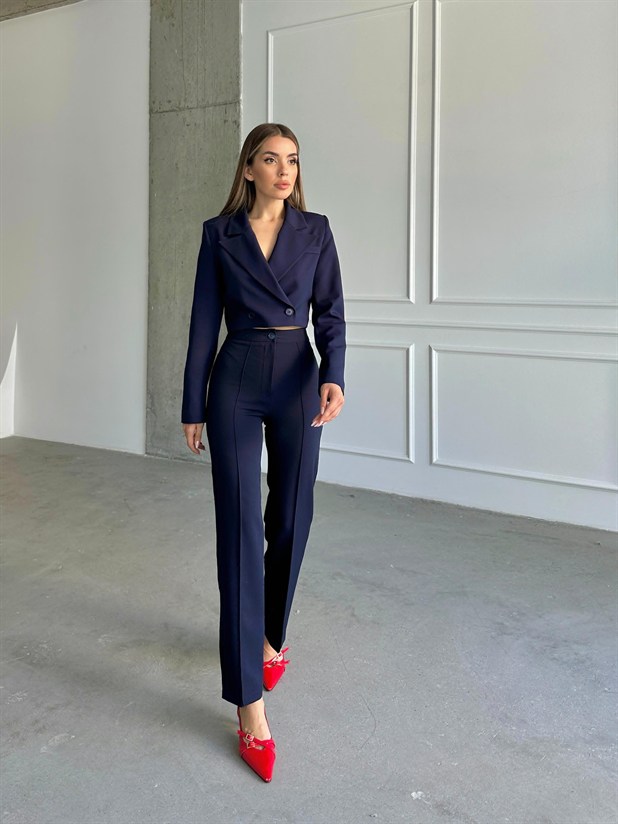 Ön Dikiş Boru Paça Kumaş Pantolon - Lacivert