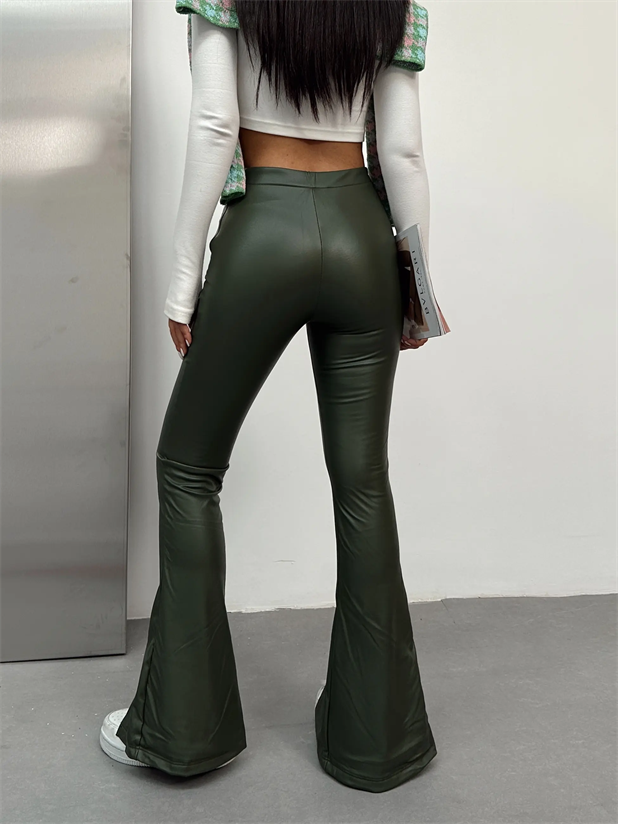 Paça Yırtmaç İç Şardonlu Deri İspanyol Pantolon Haki Yeşil - Haki Yeşil