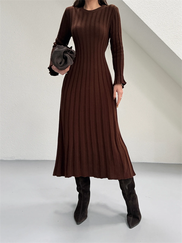 Bağlamalı Fitilli Triko Elbise - Kahve