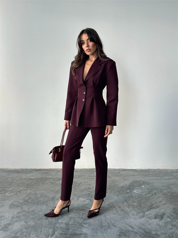 Pile Detay Oturtmalı Blazer Ceket  - Mürdüm