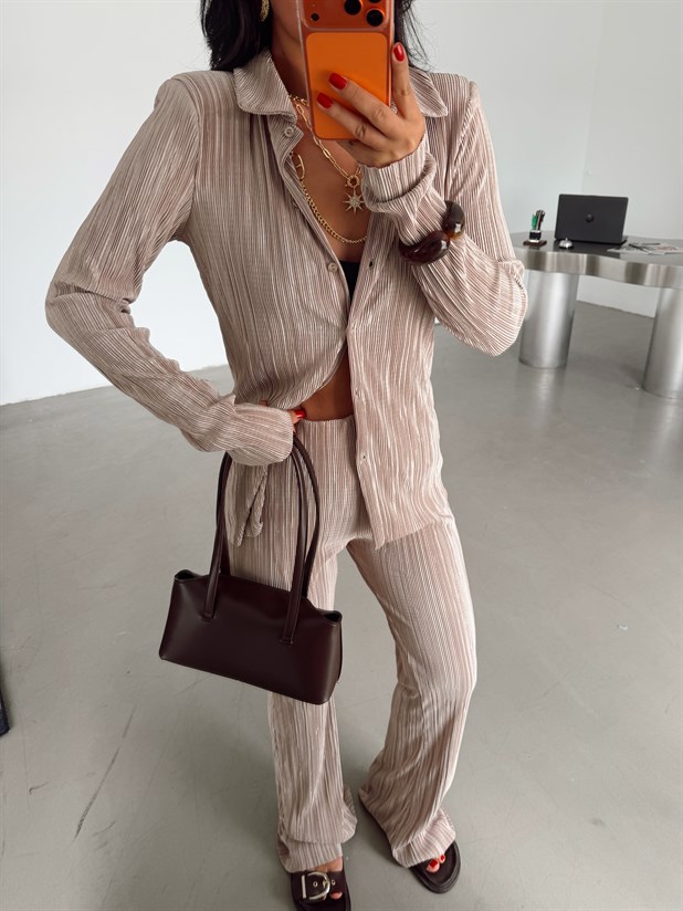 Piliseli Gömlek Pantolon Takım - Taş