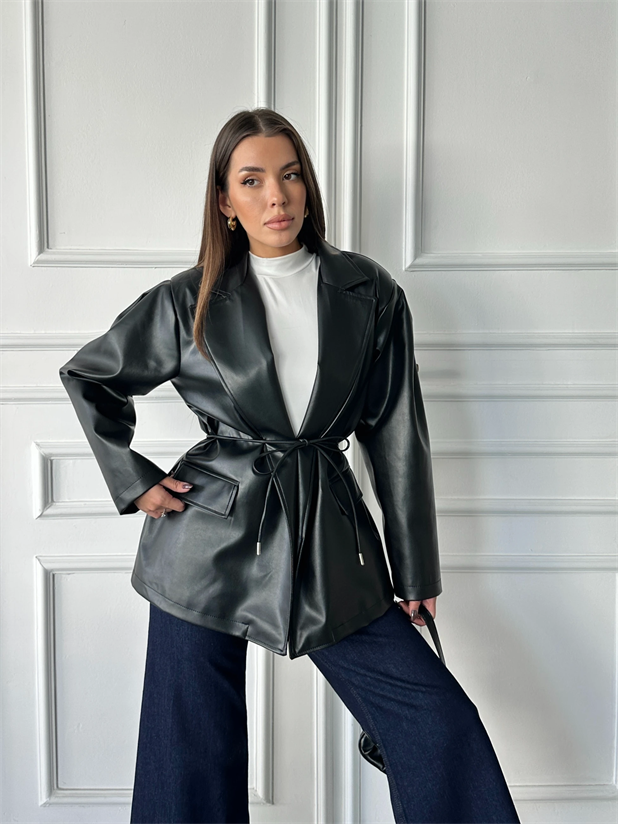 Belden Bağlamalı Deri Ceket - Siyah