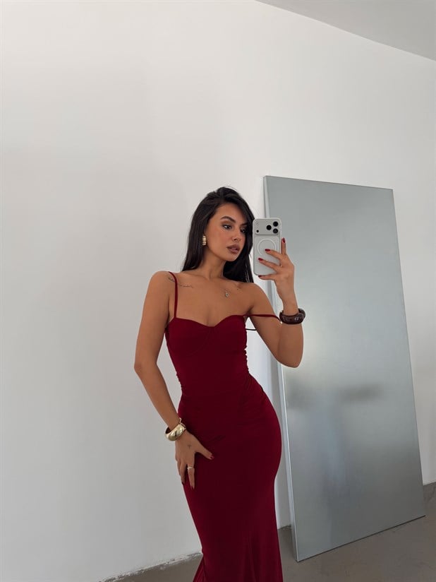 Yaka Glop Ön Büzgülü Elbise - Bordo