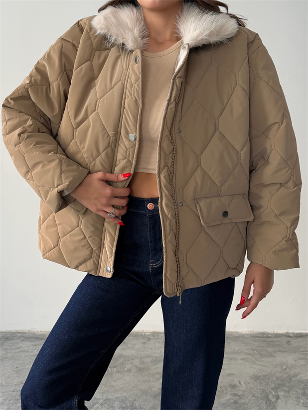 Kapitone Kürk Detay Mont  - Bej