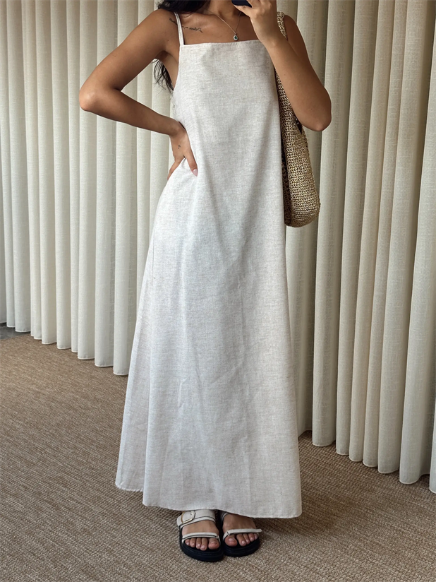 Cepli Keten Elbise - Krem