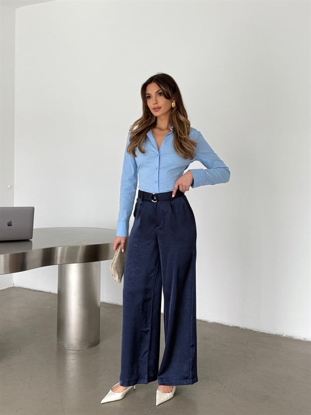 Kemerli Saten Pantolon - Lacivert