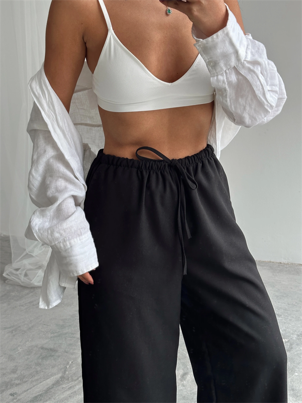 İnce Kemerli Salaş Pantolon - Siyah