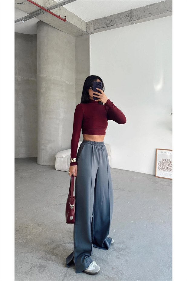 Renew Ön Dikiş Detaylı Yan Yırtmaçlı Pantolon Füme - Füme