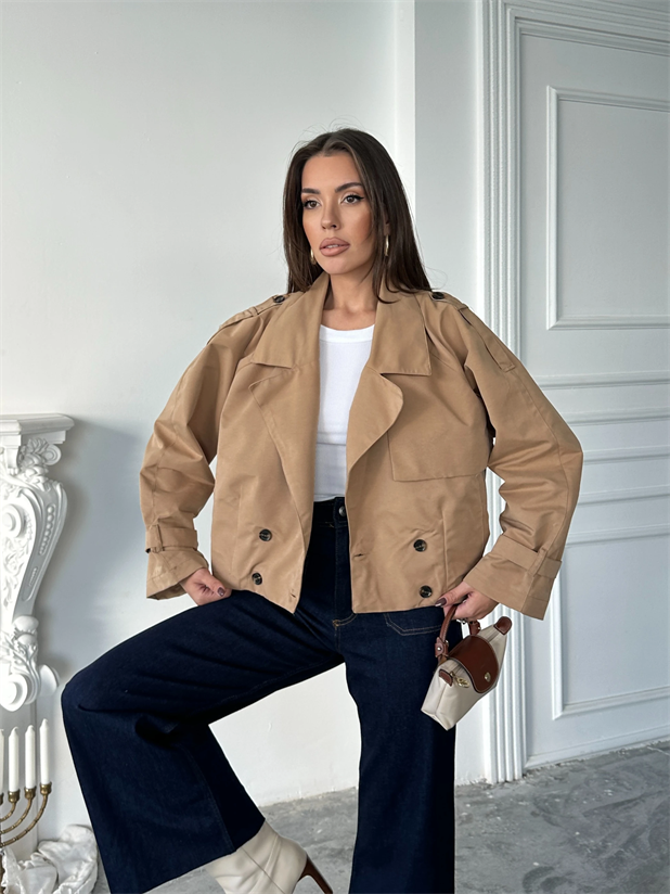 Dört Düğmeli Crop Trençkot - Camel