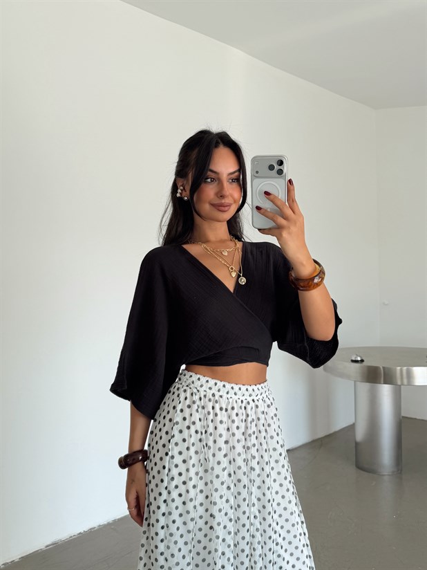 Bağlamalı Müslin Kimono Bluz - Siyah