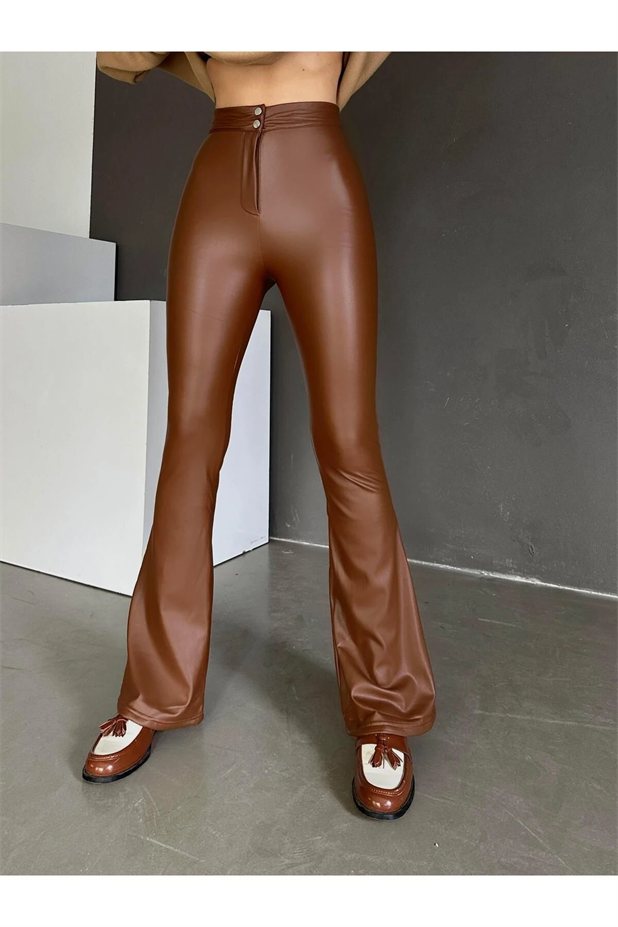 Çift Düğme Deri İspanyol Paça Pantolon Taba - Taba