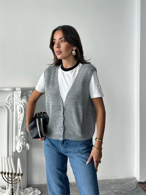 Dört Düğme Selanik Yelek - Gri