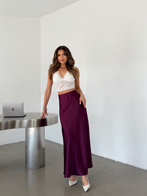 Uzun Krep Saten Etek - Mürdüm