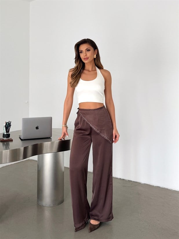Saten Şallı Jogger Pantolon - Kahve