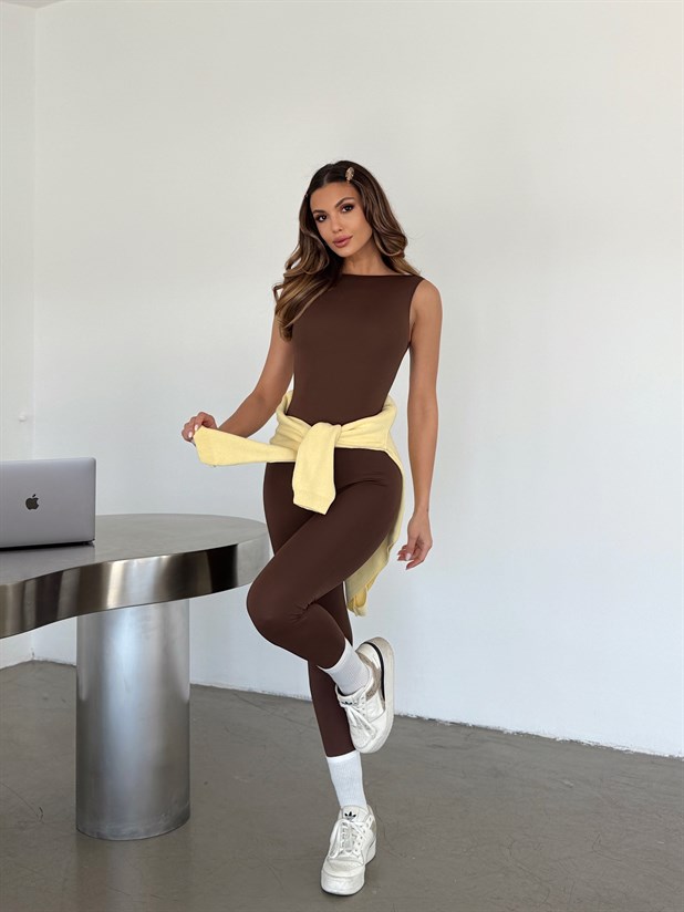Sırt Detaylı Tayt Tulum - Kahve