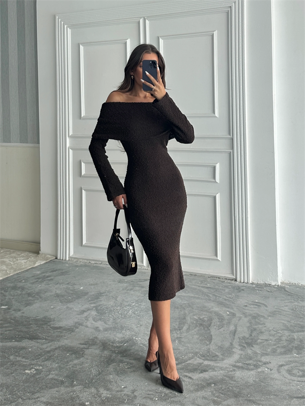 Madonna Yaka Buklet Elbise - Kahve