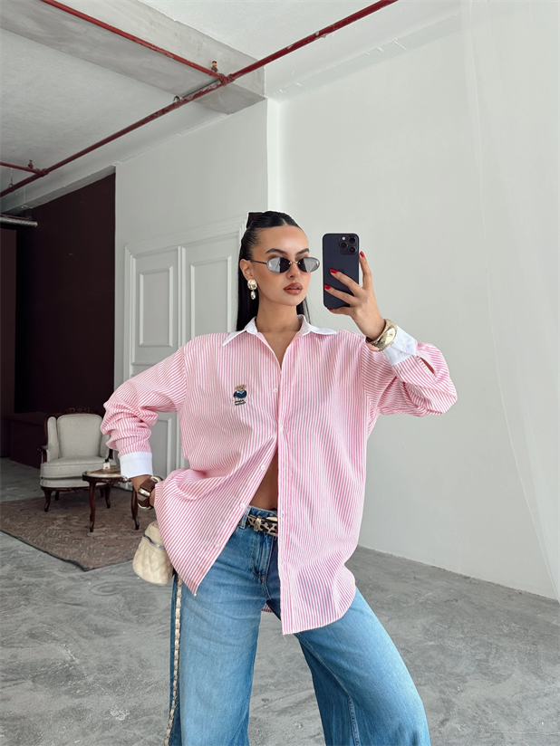 Çizgili Ayıcıklı Gömlek - Pembe