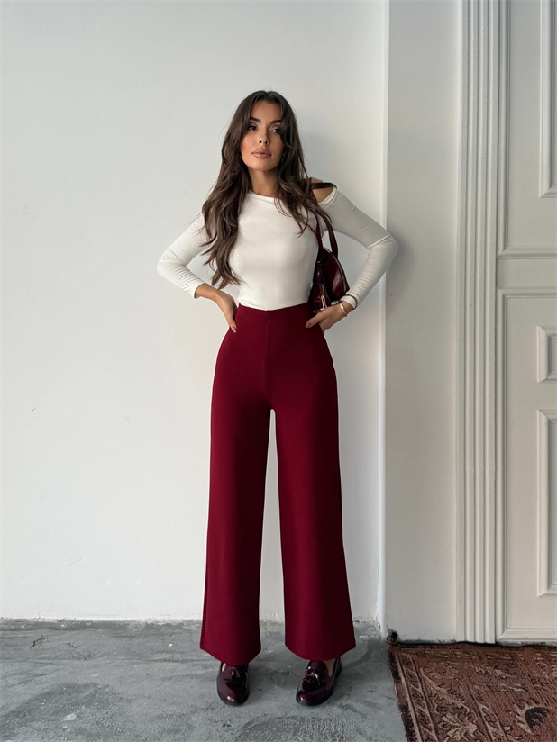 Bel İçten Lastik Kumaş Pantolon  - Bordo