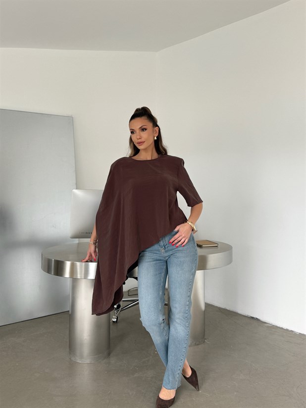 Vatkalı Asimetrik Bluz - Kahve