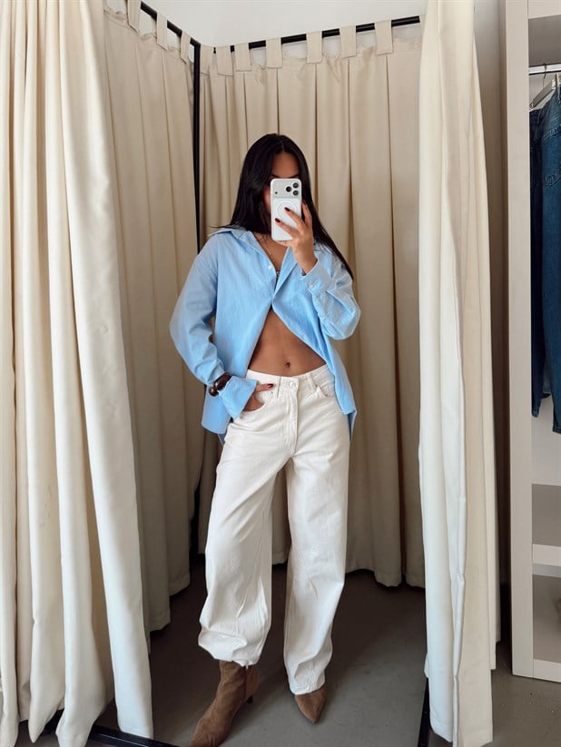 Paça Çift Pensli Boyfriend Jean - Krem