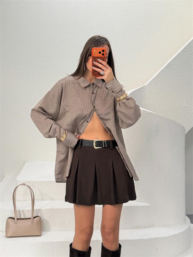 Kemer Detaylı Pileli Etek - Kahve