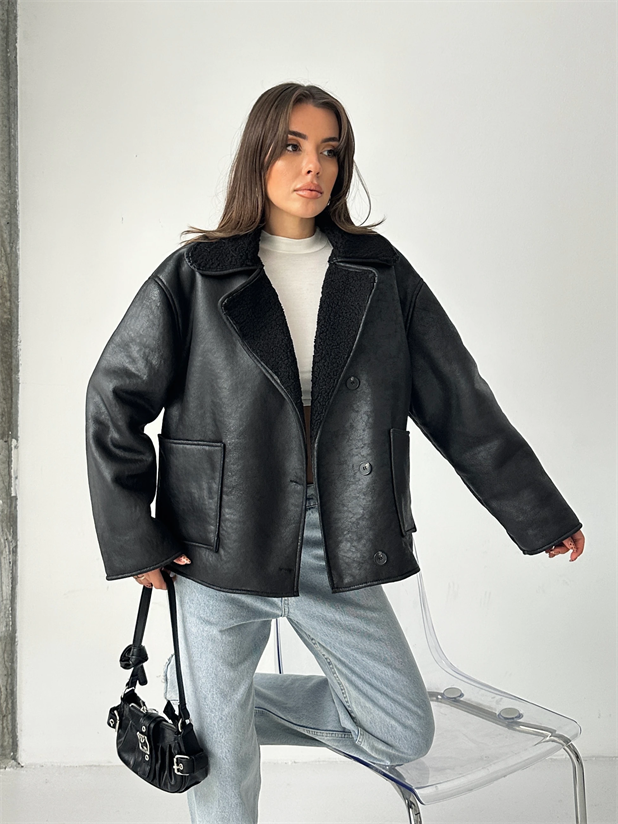 İçi Kürklü Oversize Mont - Siyah