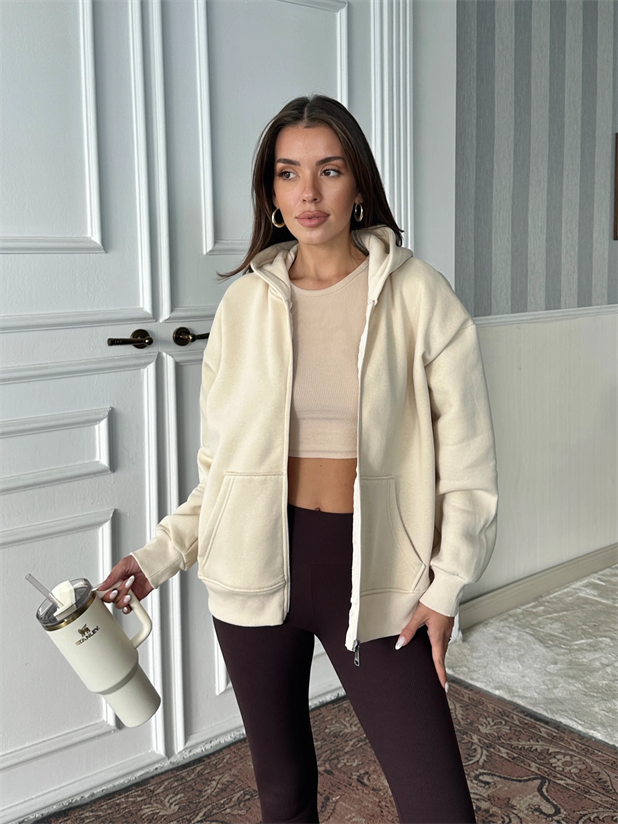 Fermuarlı Cepli Sweat - Taş