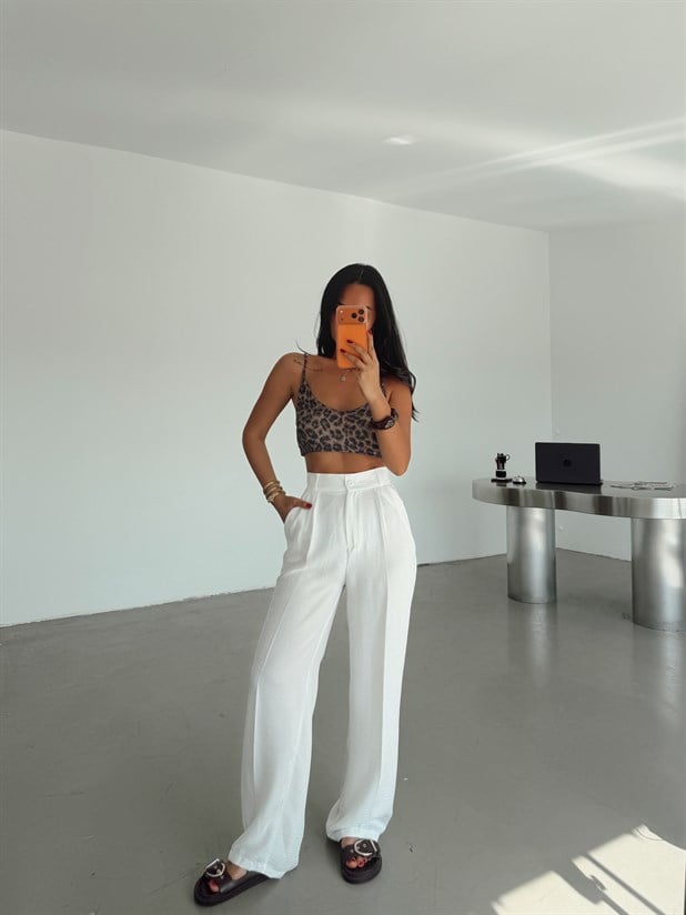 Arka Beli Lastikli Keten Pantolon - Beyaz