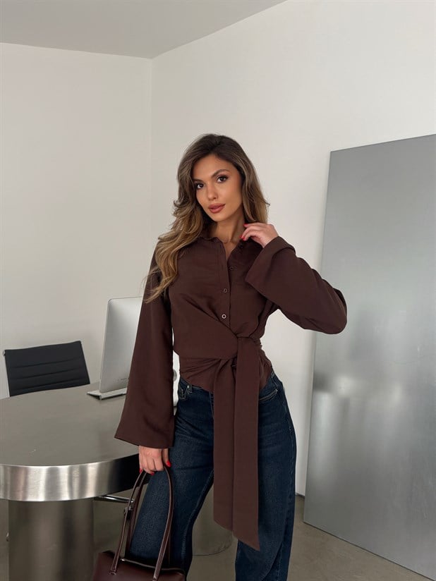 Önü Bağlamalı Gömlek - Kahve