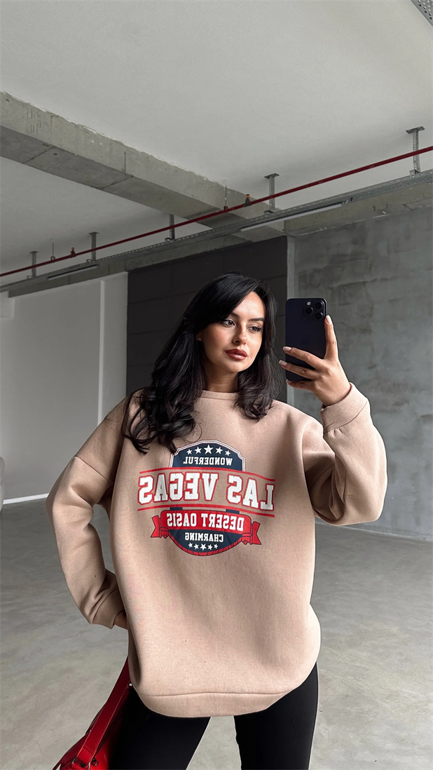 Las Vegas Üç İplik Oversize Sweat Vizon - Vizon