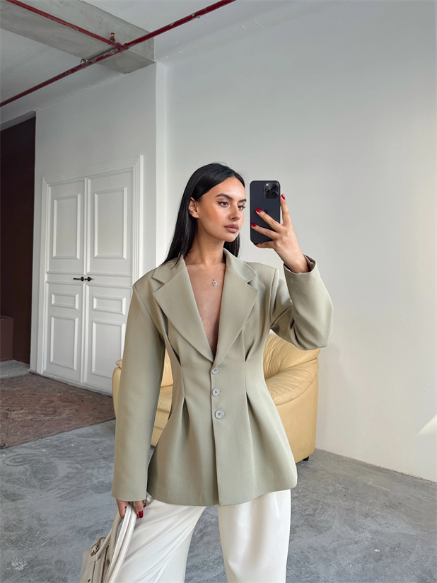Pile Detay Oturtmalı Blazer Ceket  - Çağla Yeşili