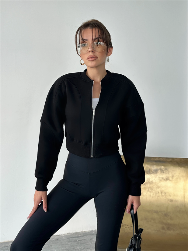 Bisiklet Yaka Fermuarlı Hırka - Siyah